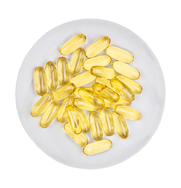 Heap Pills Fish Oil Capsules Isolated White Plate Top View — Stock Photo, Image