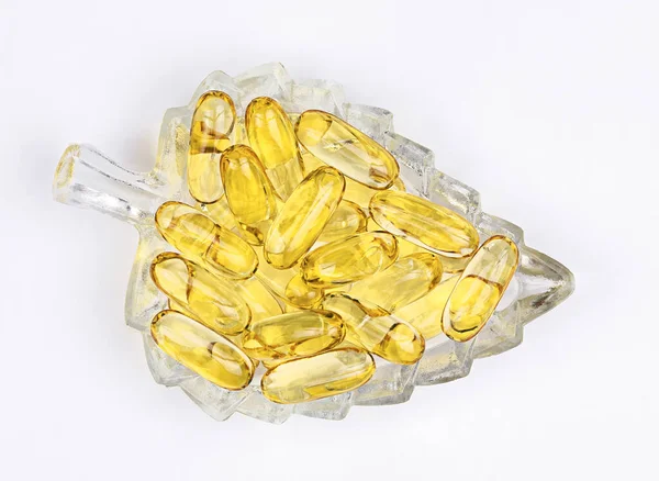 Pills Fish Oil Capsules Glass Plate Top View — Stock Photo, Image