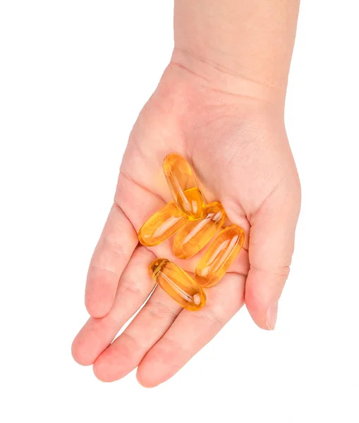 Close Fish Oil Capsules Kids Hand Isolated White Background — Stock Photo, Image