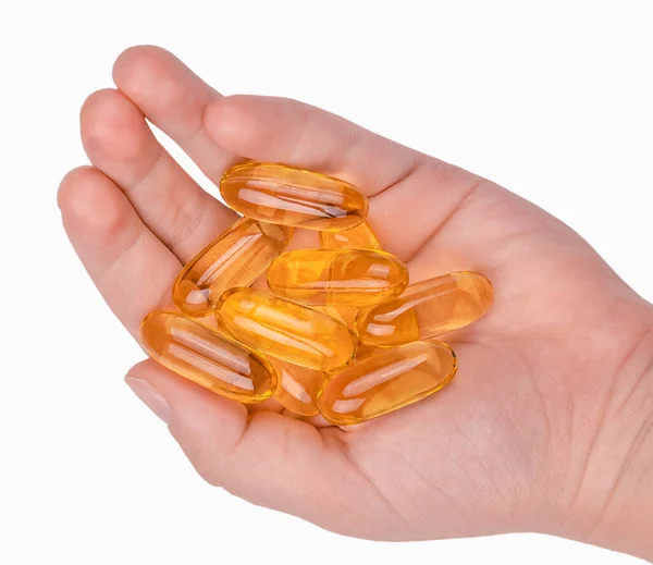 Close Fish Oil Capsules Hand Isolated White Background — Stock Photo, Image