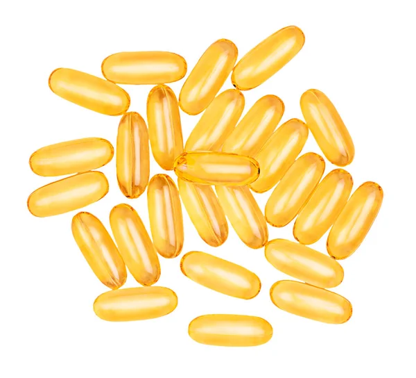 Close Fish Oil Capsules Isolated White Background Heap Pills Top — Stock Photo, Image