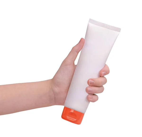 Hand Holding Sunscreen Cream Isolated White Background Stock Image