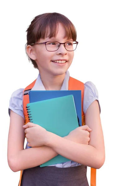 Happy Schoolgirl Isolated White Background Portrait Adorable Child Backpack Notebooks — Stock Photo, Image