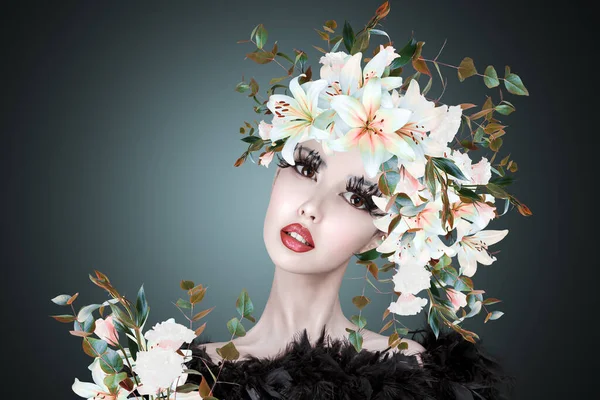 Abstract Contemporary Art Collage Portrait Young Woman Flowers Fairy Tale — Stock Photo, Image