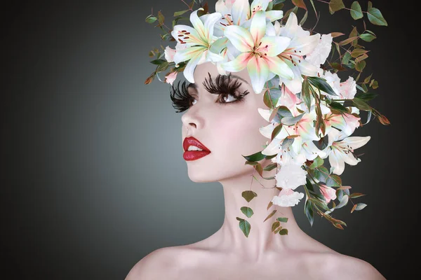 Abstract Contemporary Art Collage Portrait Young Woman Flowers Fairy Tale — Stock Photo, Image