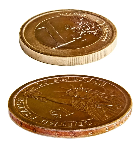 Monedas en dólares y euros — Foto de Stock