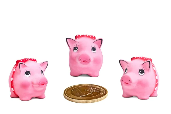 Piggy moneyboxes runt euromynt — Stockfoto