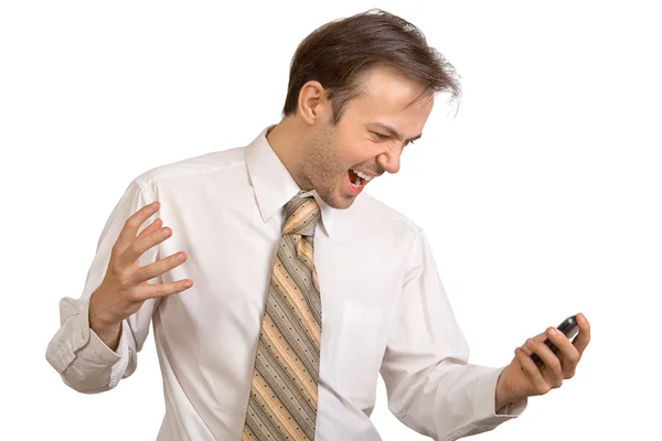 Businessman in white shirt shouts on phone — Stock Photo, Image