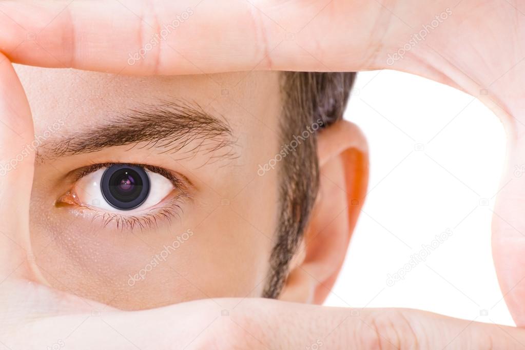 Man with camera lens instead eye