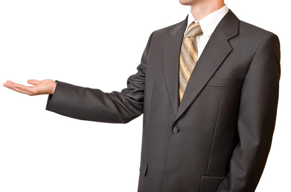 Businessman gesturing with empty hand — Stock Photo, Image