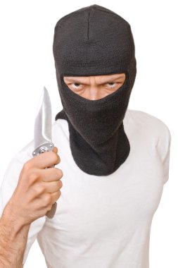 bıçakla üzerine beyaz izole siyah maskeli adam
