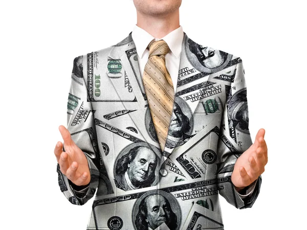 Geschäftsmann im Dollar-Anzug mit Platz zwischen zwei Händen — Stockfoto