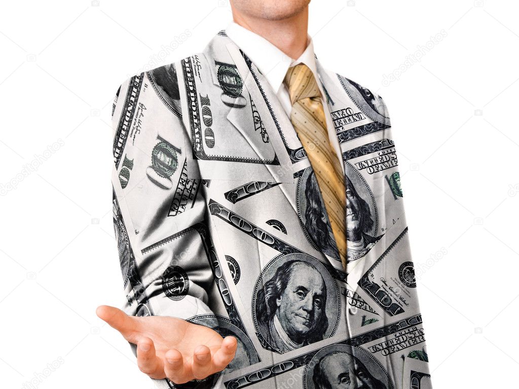 Businessman in dollar suit gesturing with empty hand
