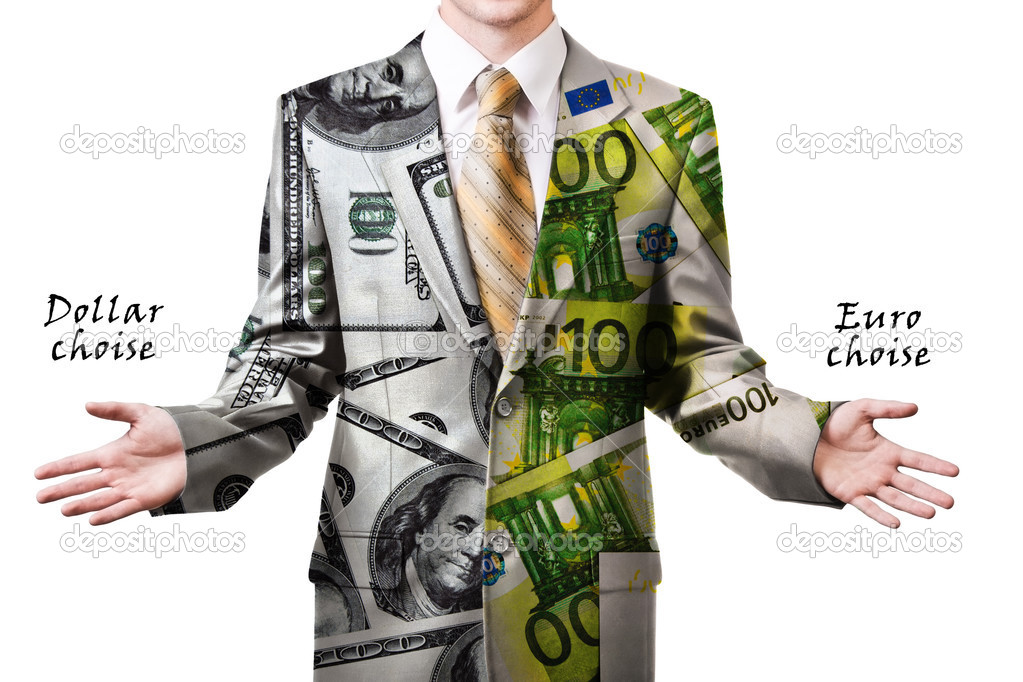Businessman in dollar and euro suit