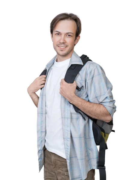 Das Porträt eines lächelnden jungen Studenten mit Rucksack — Stockfoto