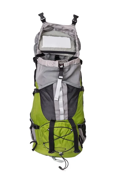 Tiro frontal de mochila turística verde abierta — Foto de Stock