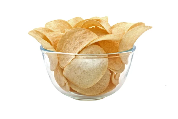 Full bowl with potato chips isolated on white — Stock Photo, Image