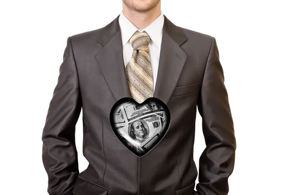 Hombre de traje negro con un corazón de cien dólares dentro de él — Foto de Stock