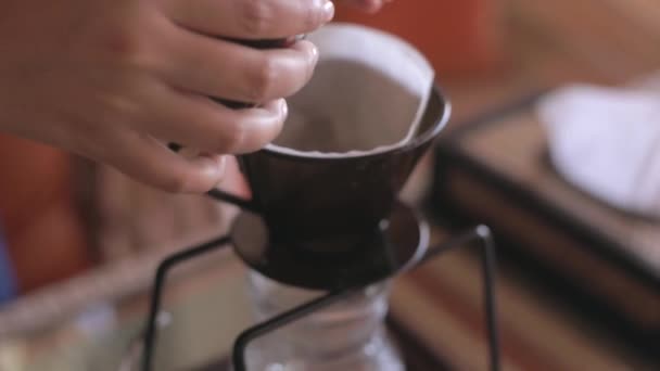 Barista Pouring Coffee Powder Coffee Grinder Dripper Make Fresh Coffee — Stock Video