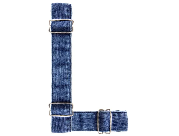 Jeans belt in from of English US alphabet isolated on white, let — Stock Photo, Image