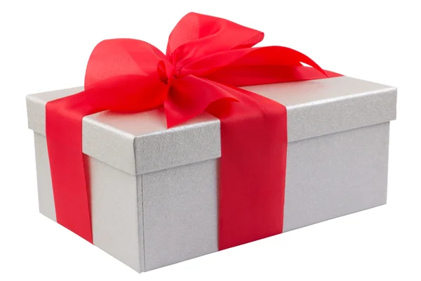 Single silver gift box with red ribbon on white background — Stock Photo, Image