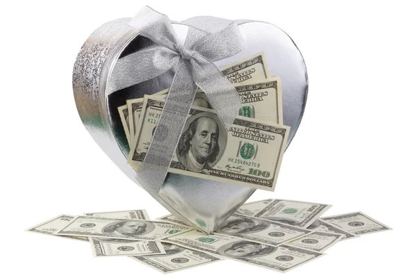 Best holiday bonus - single silver heart shape gift box and doll — Stock Photo, Image