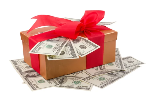 Best holiday bonus - single brown gift box with red ribbon and d — Stock Photo, Image