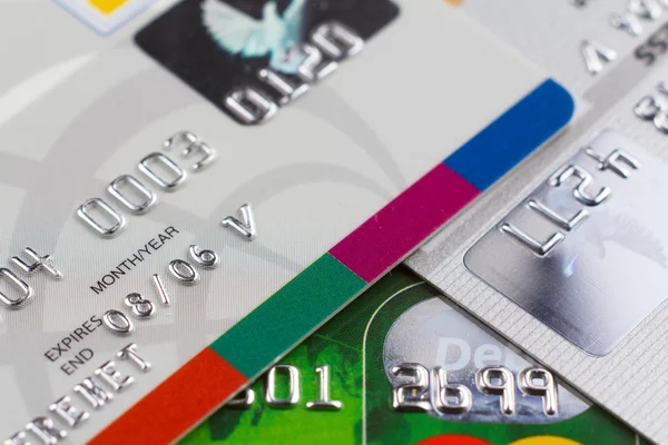 Set of color credit cards, selective focus — Stock Photo, Image