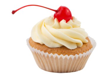 küp kek ile izole beyaz zemin üzerine kırmızı kiraz