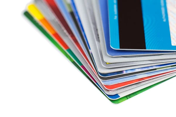 Set kleur creditcards geïsoleerd op een witte achtergrond, selectiv — Stockfoto