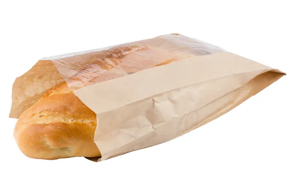 Bread in paper bag isolated on white — Stock Photo, Image