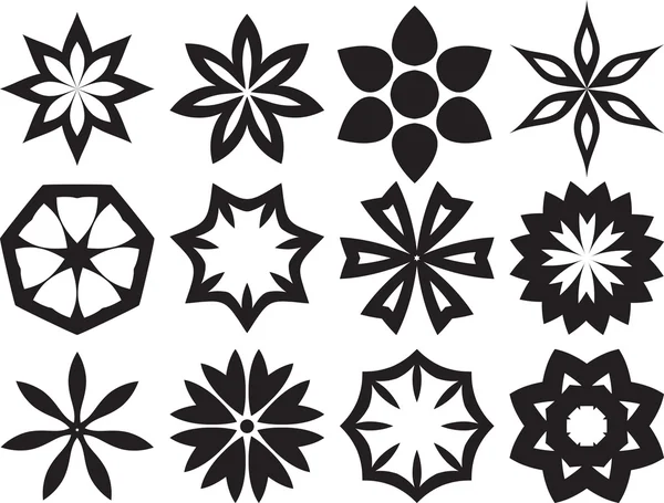 Collezione di 12 diversi fiori stilistici, bianco e nero Ve — Foto Stock