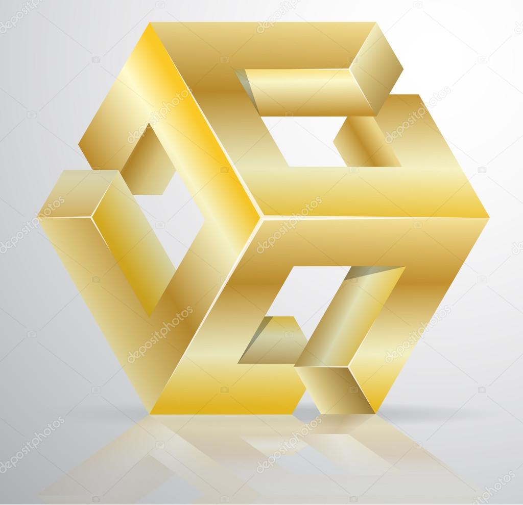 Impossible Figure Golden Icon Sign, Abstract Vector Illustration