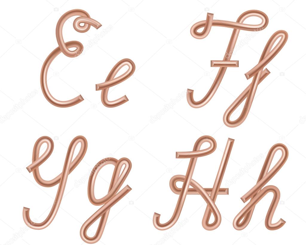 E, F, G, H Vector Letters Made of Metal Copper Wire, Modern US E