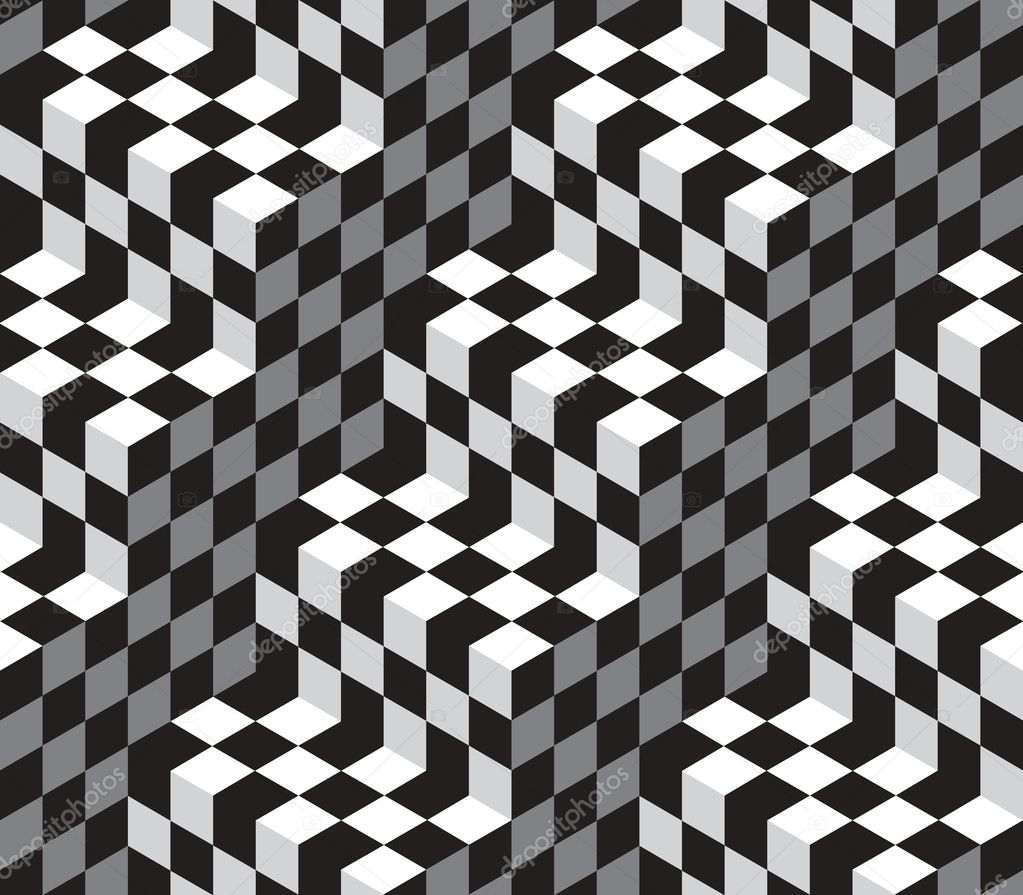 Black and White Cubes Optical Illustion Vector Seamless Pattern
