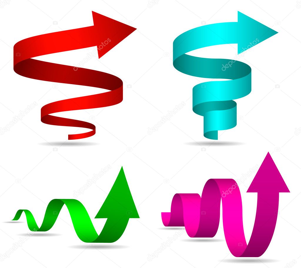 3D Spiral and Twisted Arrows Set, Vector Illustration