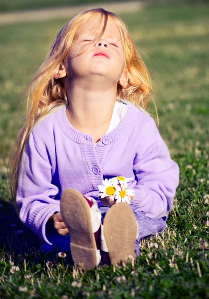 Bir çayır, küçük bir kız — Stok fotoğraf