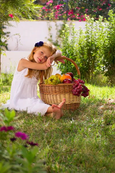 Chica y cesta de frutas — Foto de Stock