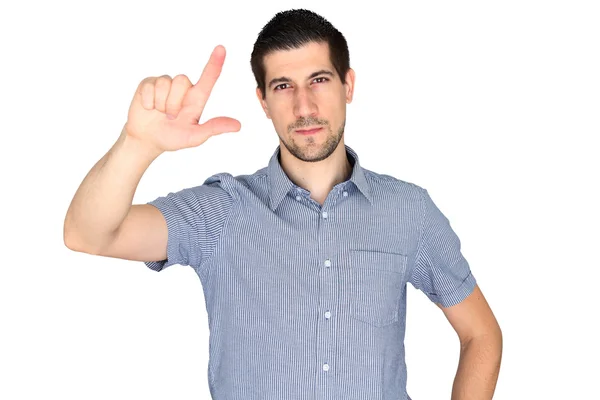 Attraktiv ung man pekar på imaginära skärm — Stockfoto