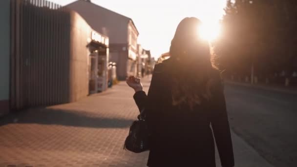 Dlouhovlasá mladá dívka v černém klasickém obleku a s taškou na ruce kráčí po ulici při západu slunce. Zadní pohled. Zpomalený pohyb — Stock video