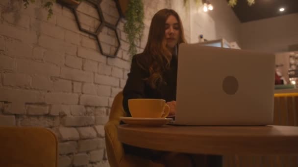 Чарівна молода дівчина друкує на клавіатурі ноутбука в кафе зі стильним інтер'єром і сміється під час балачок — стокове відео