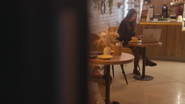 Una encantadora joven se sienta en un acogedor café en una mesa con un ordenador portátil y hojas a través de la pantalla del teléfono. Concepto independiente — Vídeos de Stock