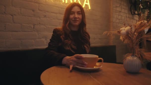 Una hermosa joven bebe café en un café y usa un teléfono móvil. Vista a través de la ventana del café. Movimiento lento — Vídeos de Stock