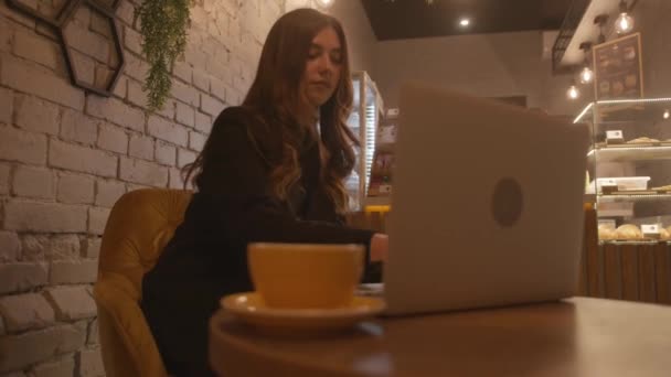 Una hermosa joven con una dulce sonrisa se sienta en un café con el interior original y trabaja en un ordenador portátil. Movimiento lento — Vídeos de Stock