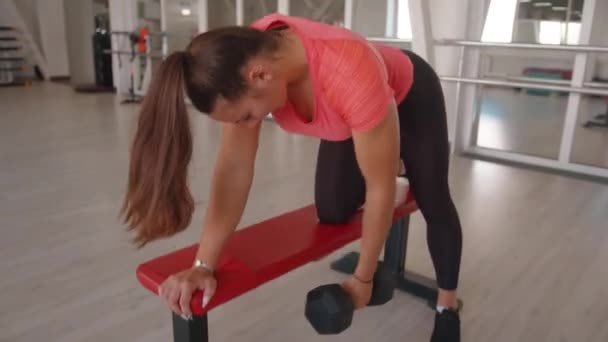 Молодая Женщина Хвостиком Голове Занимается Спортивном Клубе Выполняет Силовые Упражнения — стоковое видео