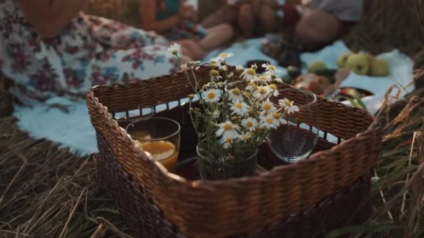 小麦畑での家族のピクニックで、ジュースとカモミールの花束が付いたメガネ付きのバスケットのクローズアップ。スローモーション — ストック動画
