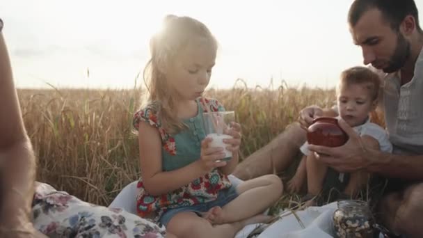 Eine befreundete Familie mit Tochter und kleinem Sohn isst an einem Sommertag bei einem Picknick in einem Weizenfeld zu Mittag. — Stockvideo