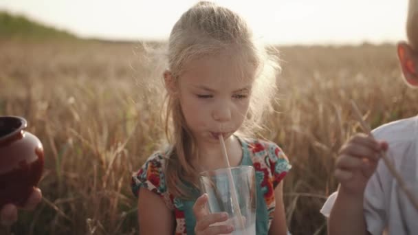 Una hermosa chica con el pelo rubio bebe leche a través de una paja de un vaso en un picnic familiar en un campo de trigo. Movimiento lento — Vídeo de stock