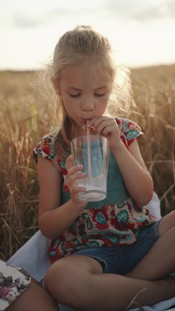 幼児期の愛らしい少女は、小麦畑の家族のピクニックでわらを通してガラスから牛乳を飲みます。スローモーション。垂直ビデオ — ストック動画