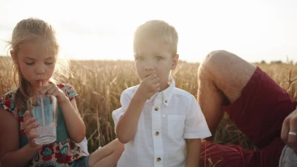 かわいい女の子と彼女の弟は、小麦畑の家族のピクニックで食べたり飲んだりします。スローモーション — ストック動画